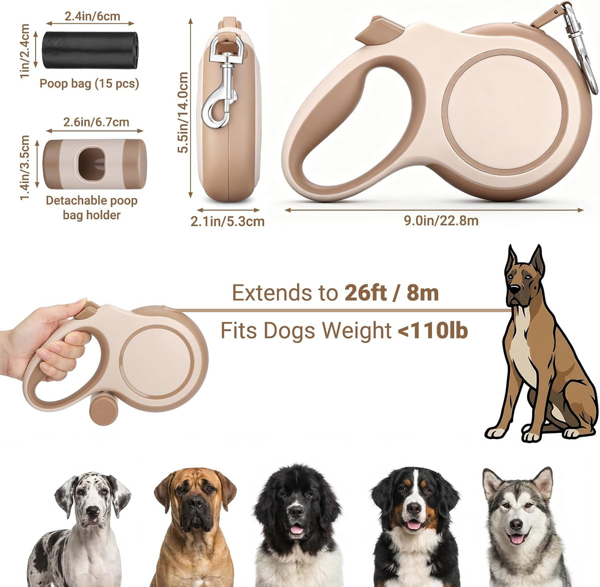 Side view of Segarty heavy duty dog lead with waste bag holder
