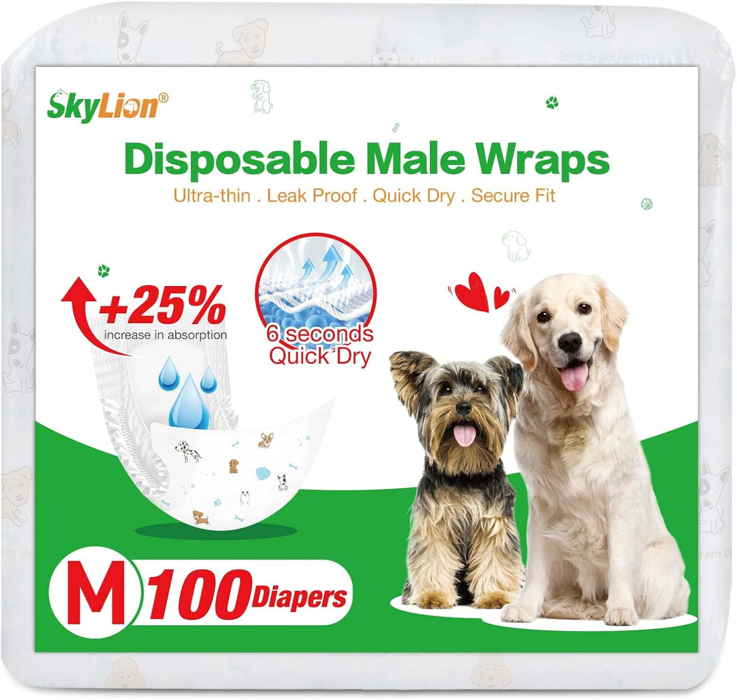 SkyLion premium male dog wraps packaging showing absorbency benefits