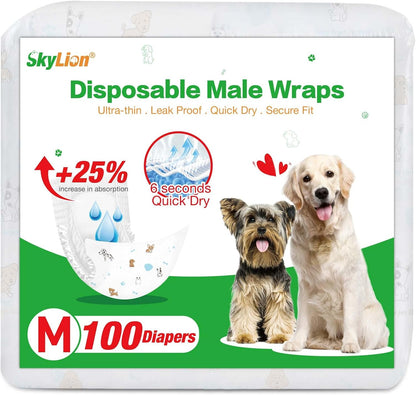 SkyLion premium male dog wraps packaging showing absorbency benefits