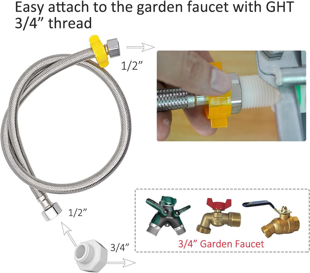 AKUATUZ large pet water feeder connected to a standard garden hose adapter.