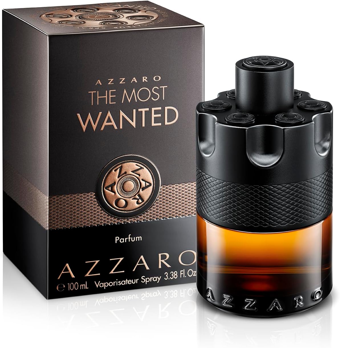 Azzaro The Most Wanted Parfum luxury glass bottle showing front view against an elegant background