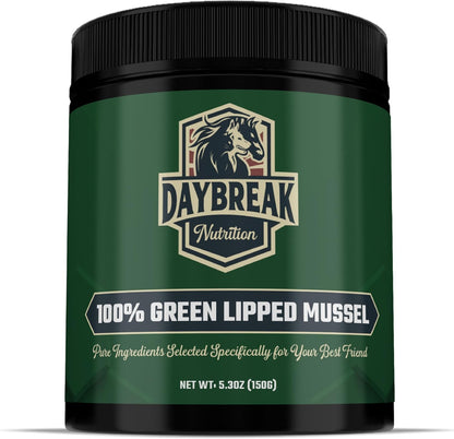 Daybreak Nutrition Pure Green Lipped Mussel Powder front view showing joint supplement packaging for dogs and cats.