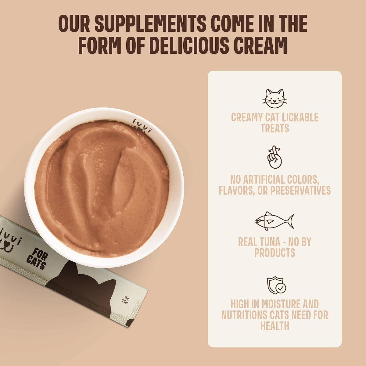 Creamy mousse texture of ivvi hairball support treat used as a kibble topper