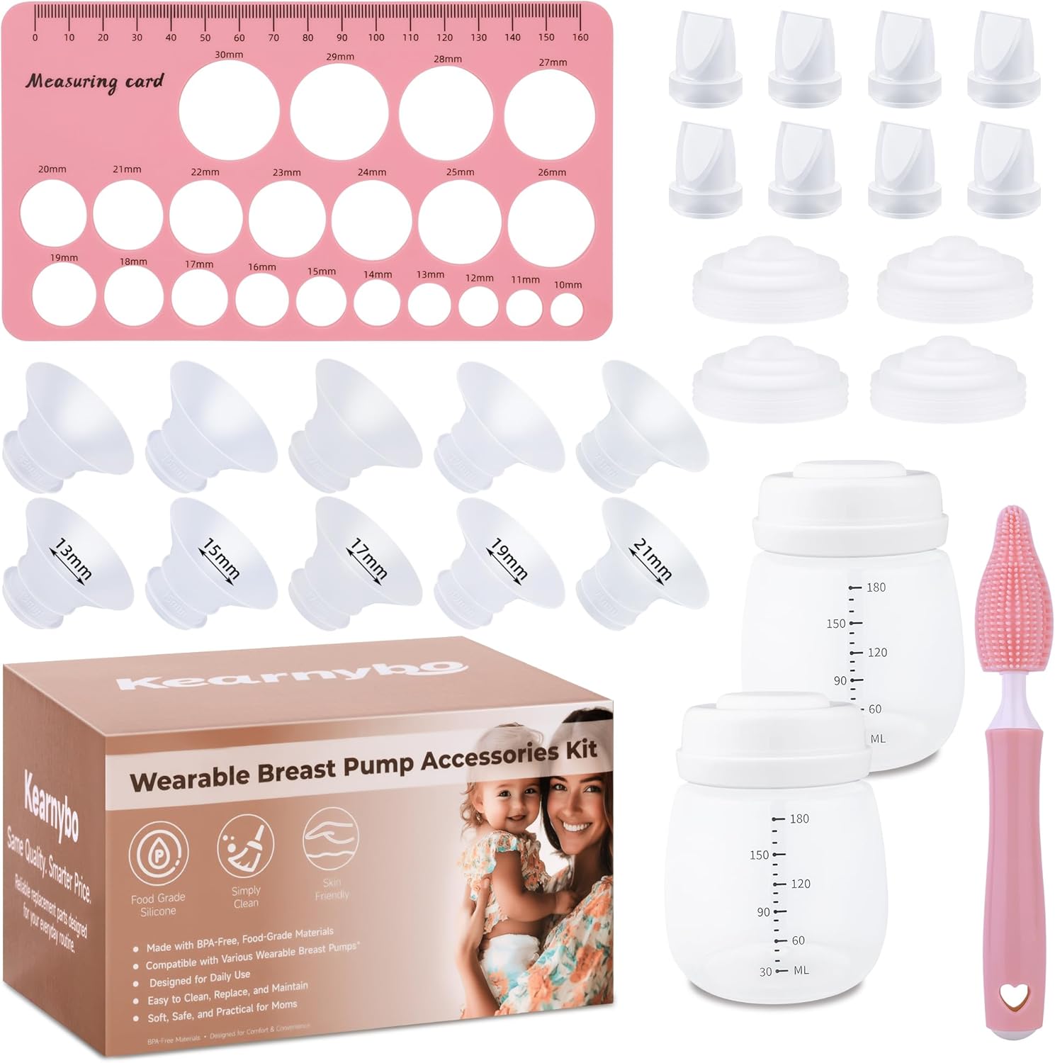Afontoto replacement parts kit for wearable breast pumps front view showing full twenty six piece accessories bundle