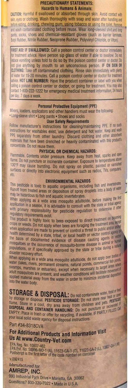 Country Vet CV-80D insecticide spray back label ingredients overview