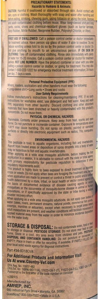 Country Vet fly spray aerosol can showing active ingredient labels with pyrethrins