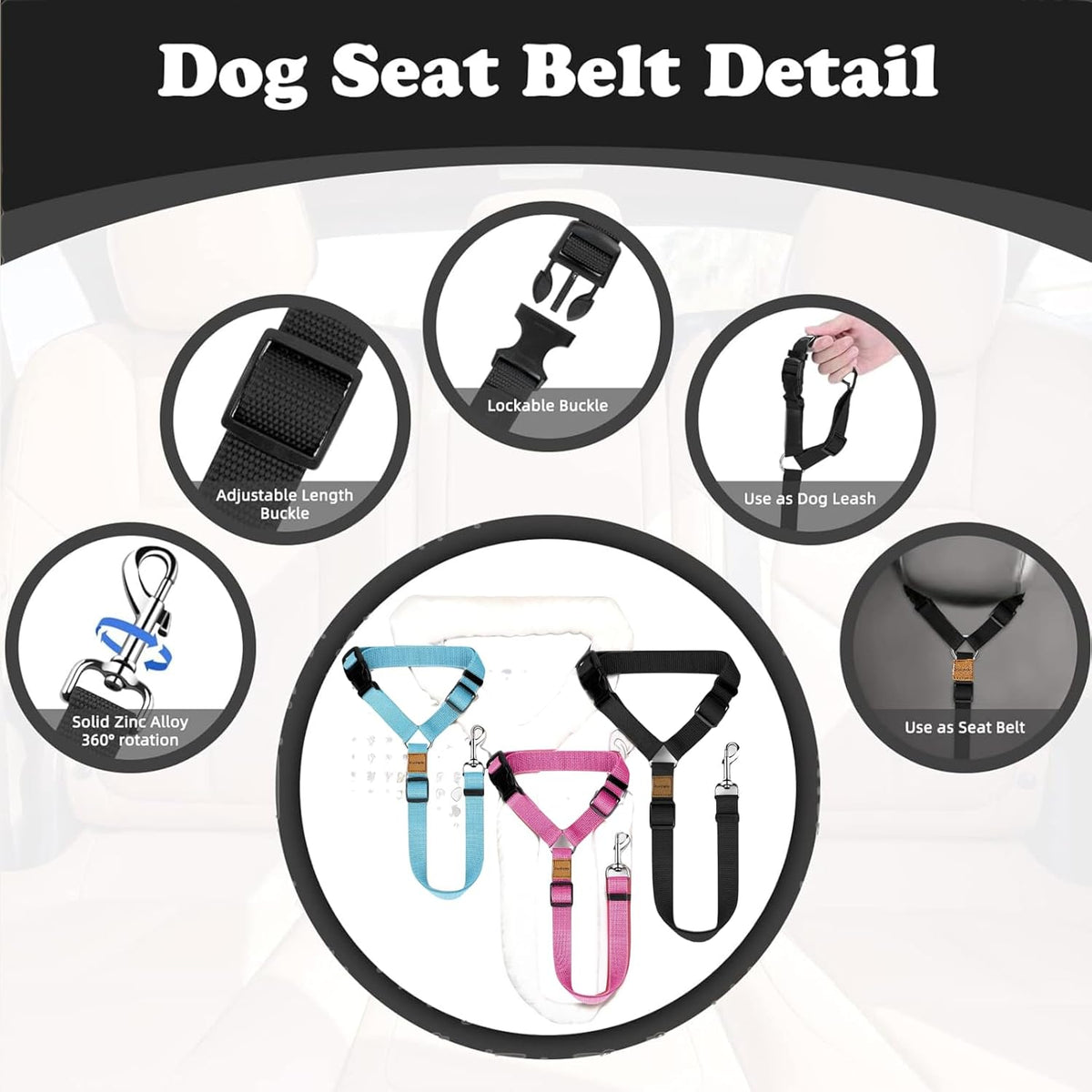 Adjustable nylon dog car restraint strap showing length adjustment mechanism.