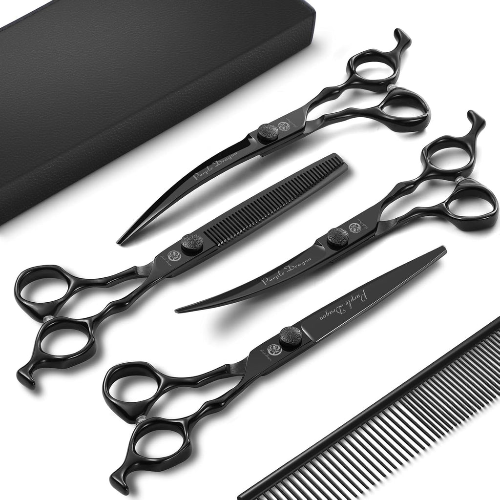 Full view of the 4 piece Purple Dragon pet hair cutting shears with safe rounded tips.