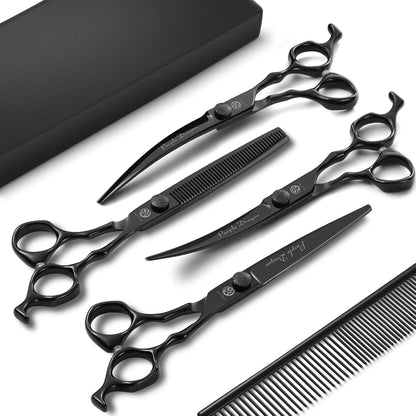 Full view of the 4 piece Purple Dragon pet hair cutting shears with safe rounded tips.