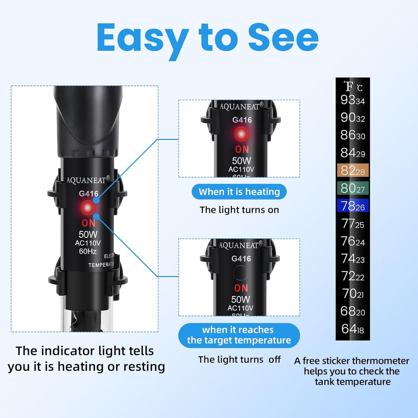 Submersible glass aquarium heater safety features display