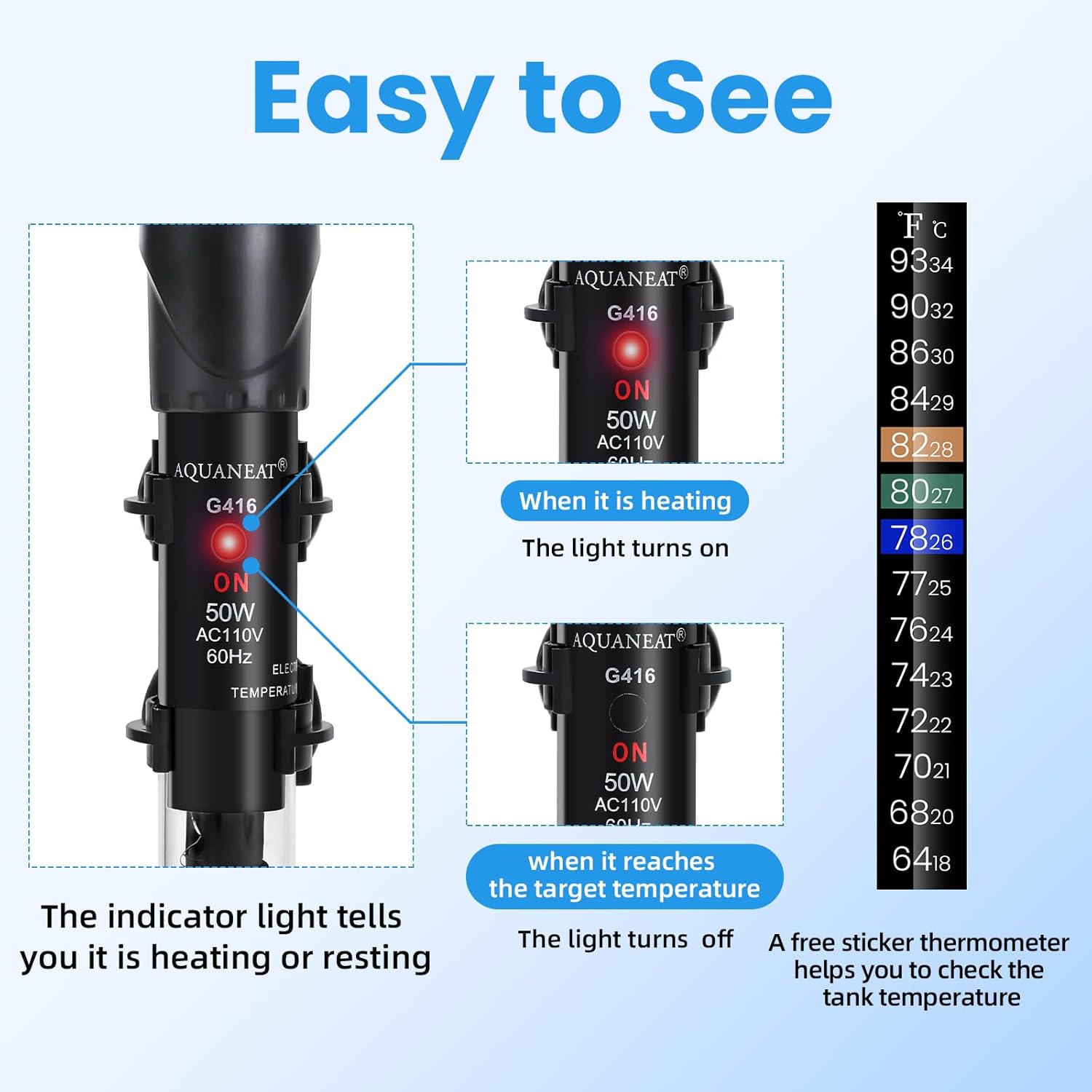 Submersible glass aquarium heater safety features display