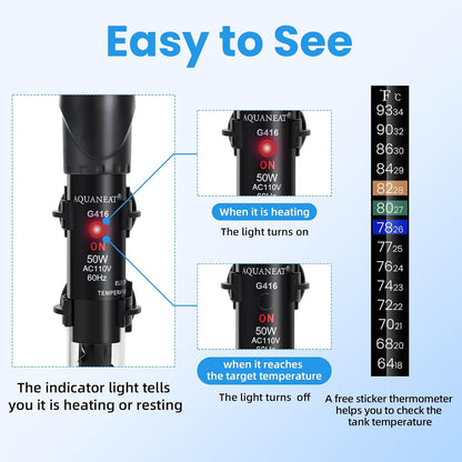 Submersible glass aquarium heater safety features display