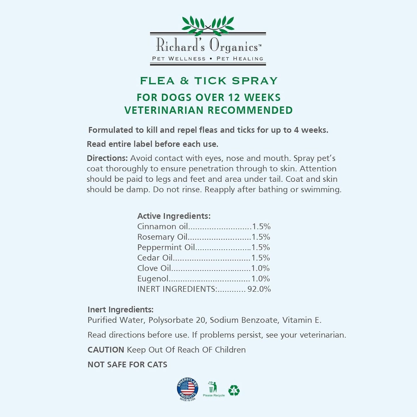Richard's Organics flea and tick spray for dogs 12 fluid ounces bottle