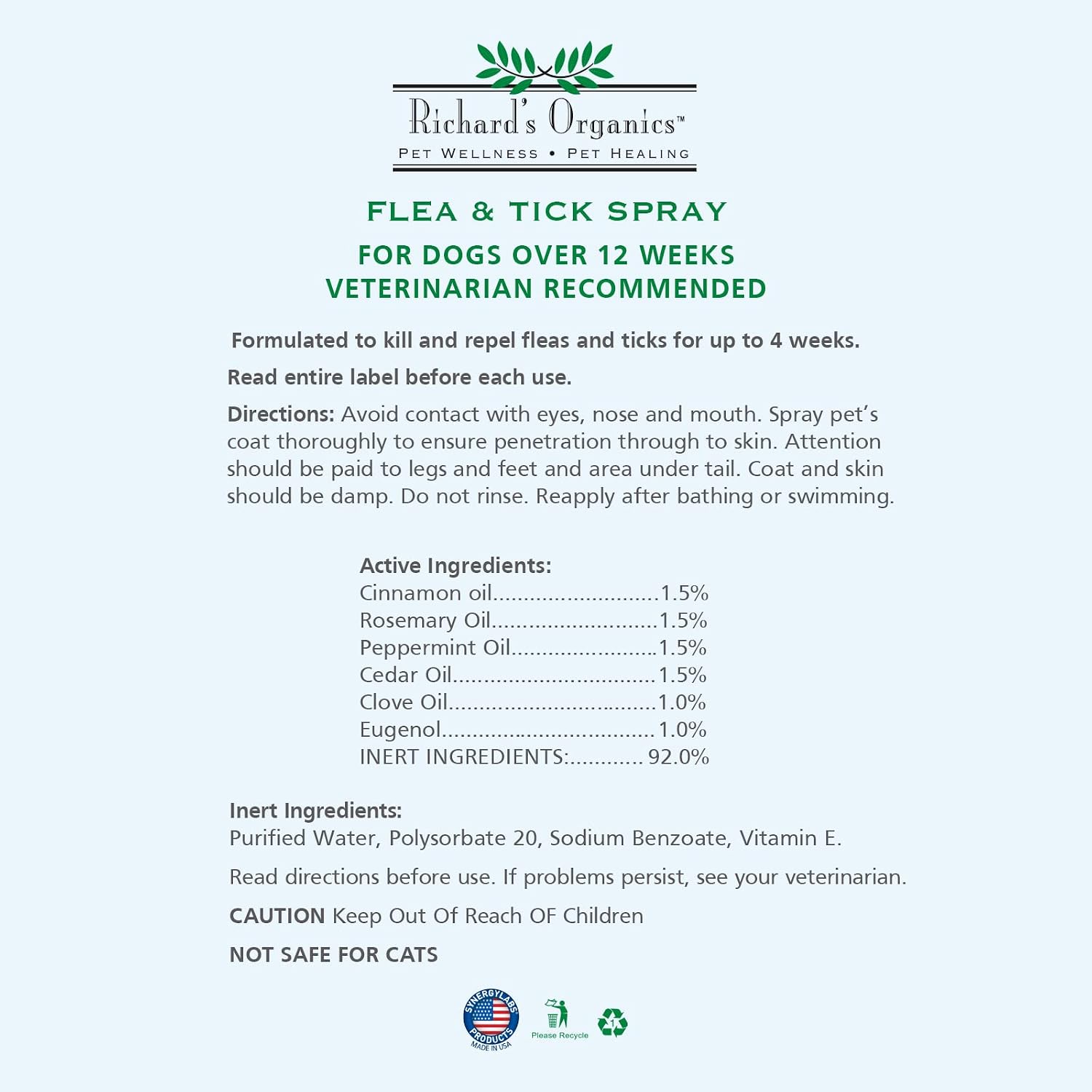 Richard's Organics flea and tick spray for dogs 12 fluid ounces bottle