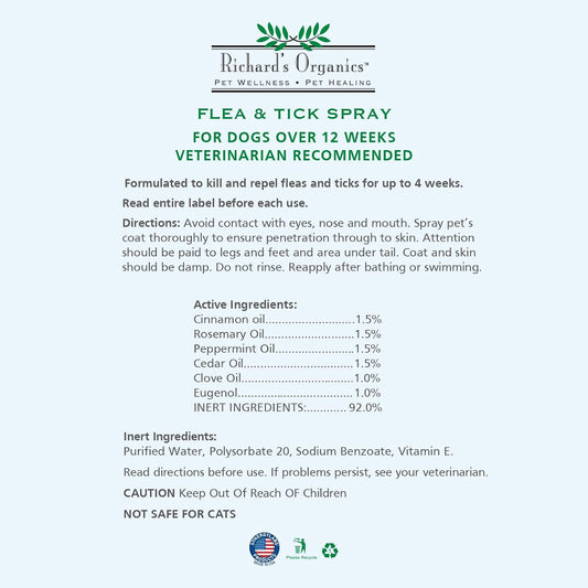 Richard's Organics flea and tick spray for dogs 12 fluid ounces bottle