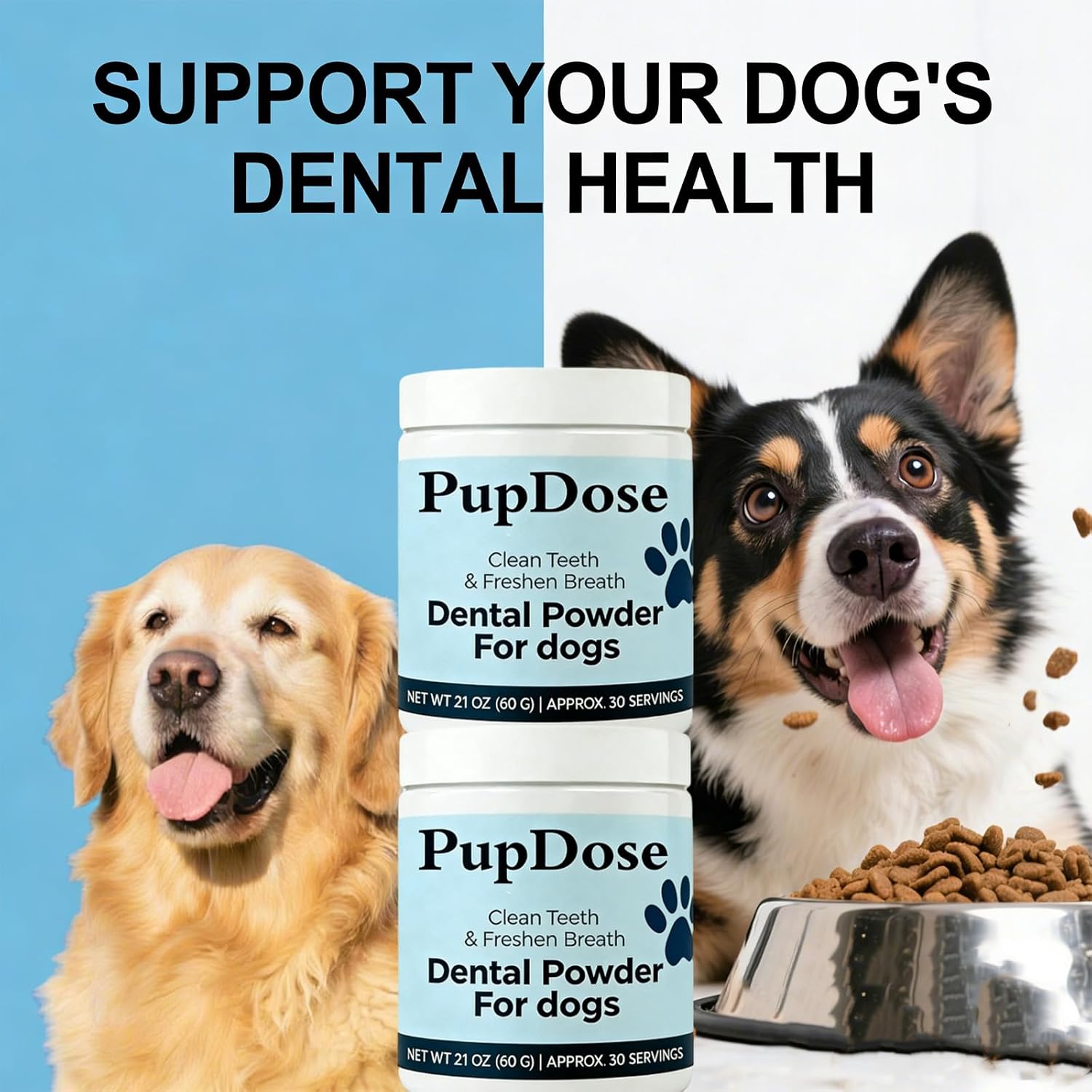 PupDose oral health supplement container showing 30 servings size