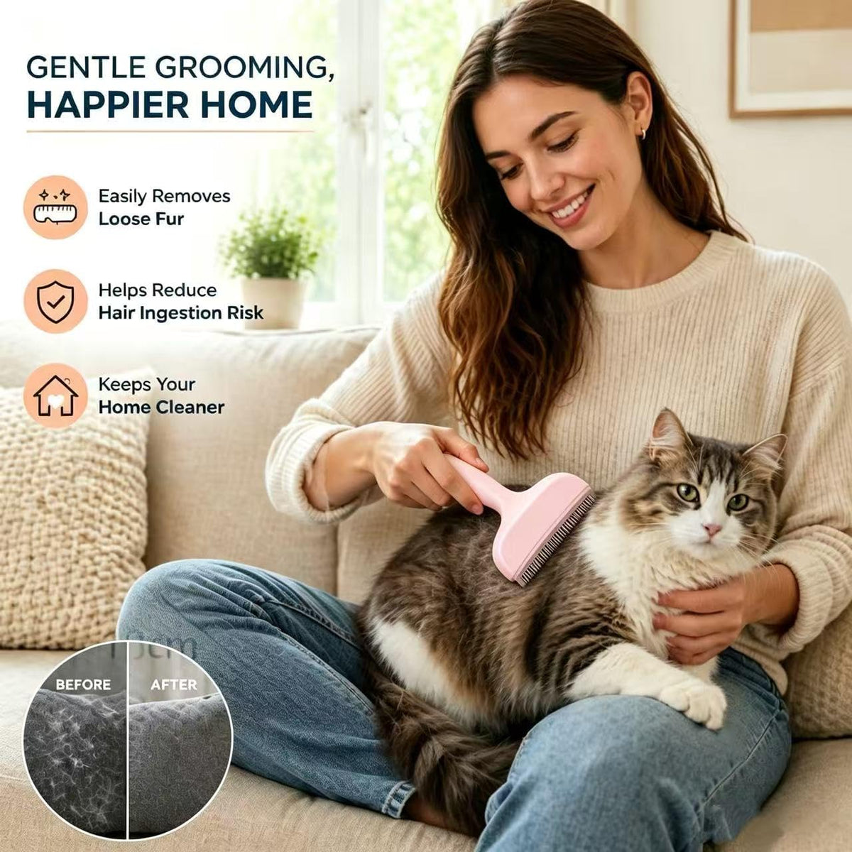 Ergonomic pink handle of cat undercoat deshedding tool