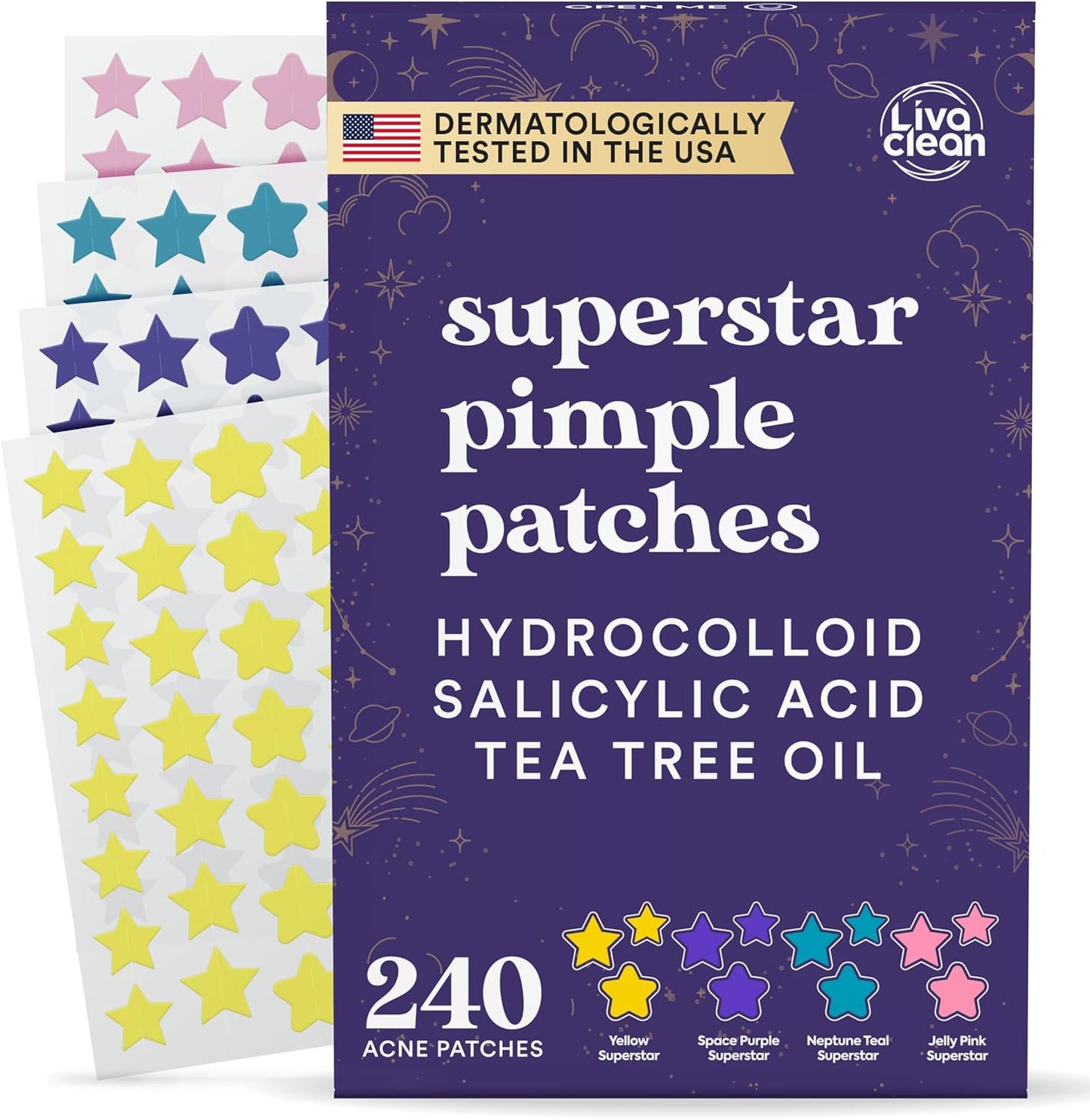LivaClean Star Pimple Patches in 240 count pack with salicylic acid and tea tree oil
