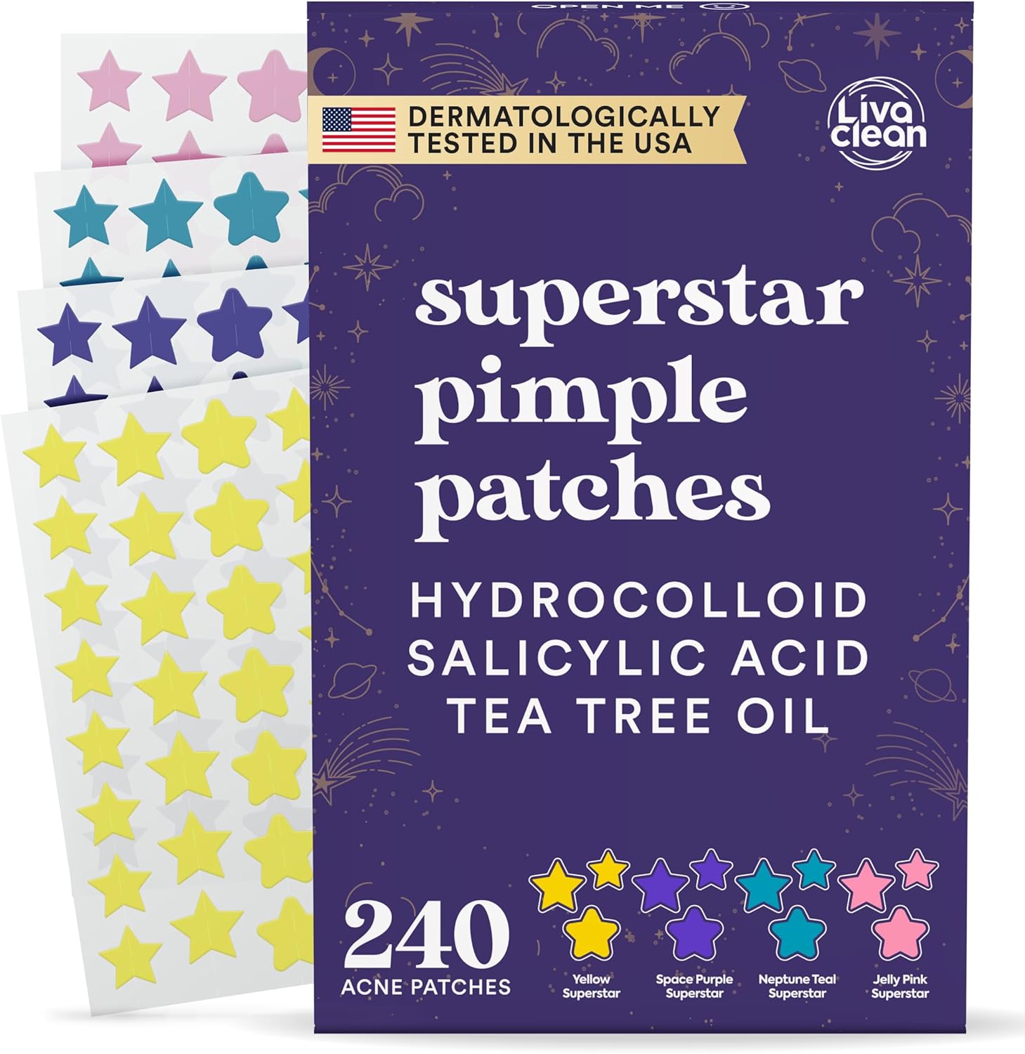 LivaClean Star Pimple Patches in 240 count pack with salicylic acid and tea tree oil