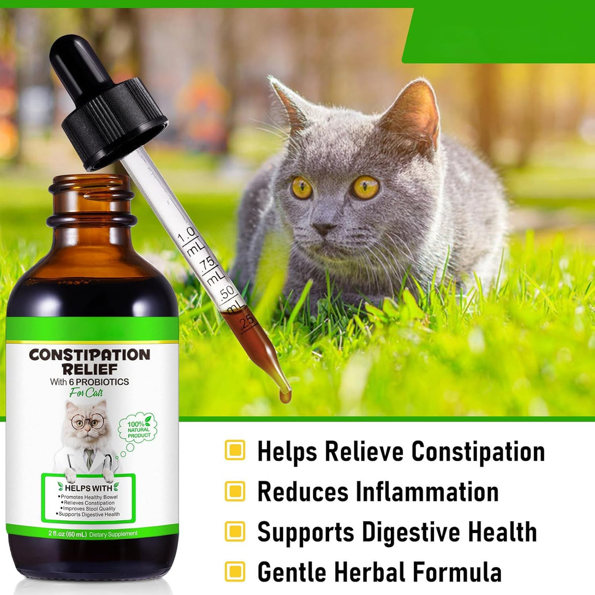 Back label of chicken flavor cat stool softener liquid displaying the list of six probiotics.
