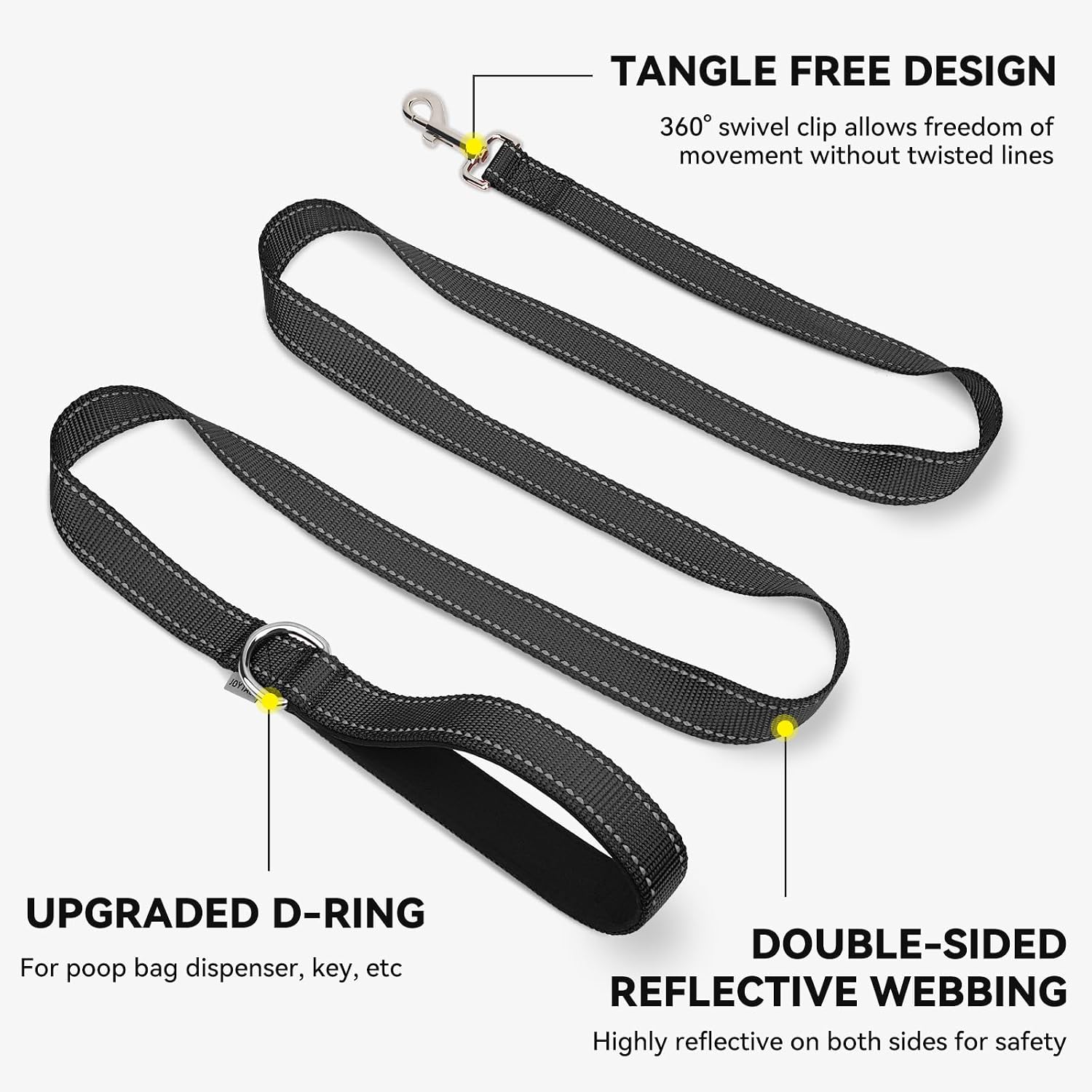 Joytale medium and large dog leash with integrated metal D ring accessory.