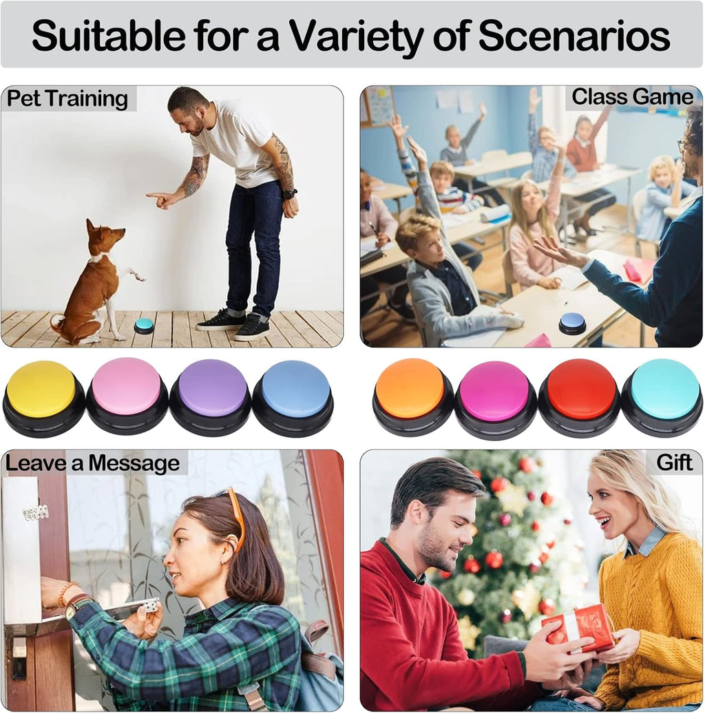 All eight distinct colors of the talking dog buttons displayed together for visual comparison.