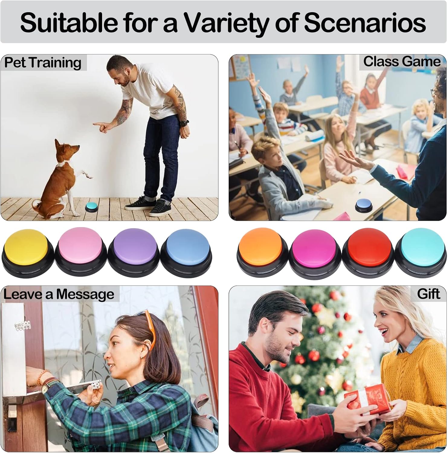 All eight distinct colors of the talking dog buttons displayed together for visual comparison.