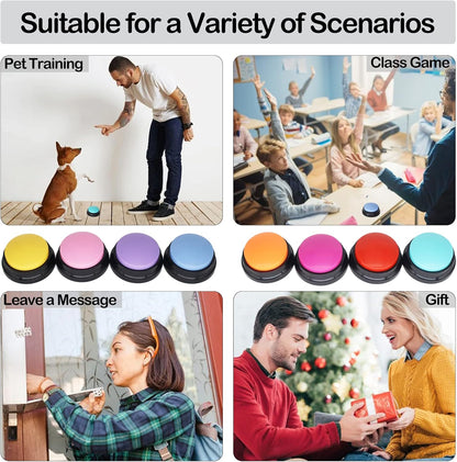 All eight distinct colors of the talking dog buttons displayed together for visual comparison.