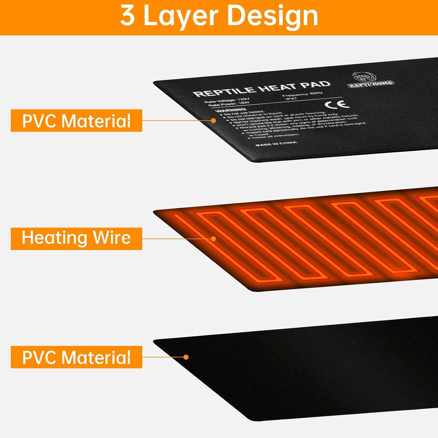REPTI HOME eight by eighteen inch waterproof heating mat showing the durable IPX7 construction.