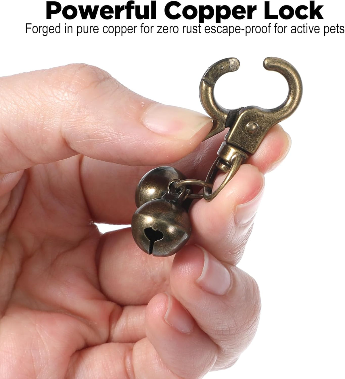 Authentic Maxqzin copper pet bell with snap clips demonstrating how it hooks to standard collar rings.