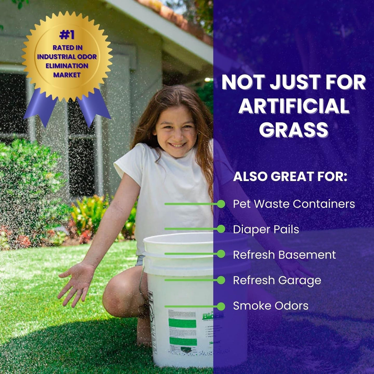 BioTurf dual action urine and feces neutralizer components spread out on a lawn.