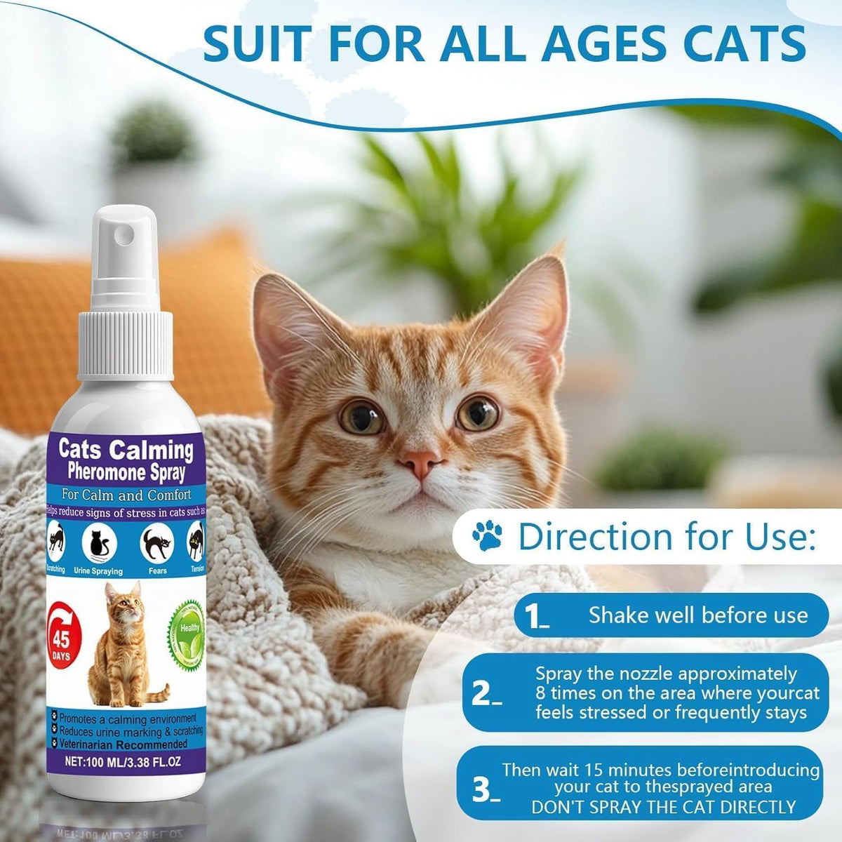 Close-up of RNLBNMP calming pheromone spray showing product instructions and veterinary recommendation