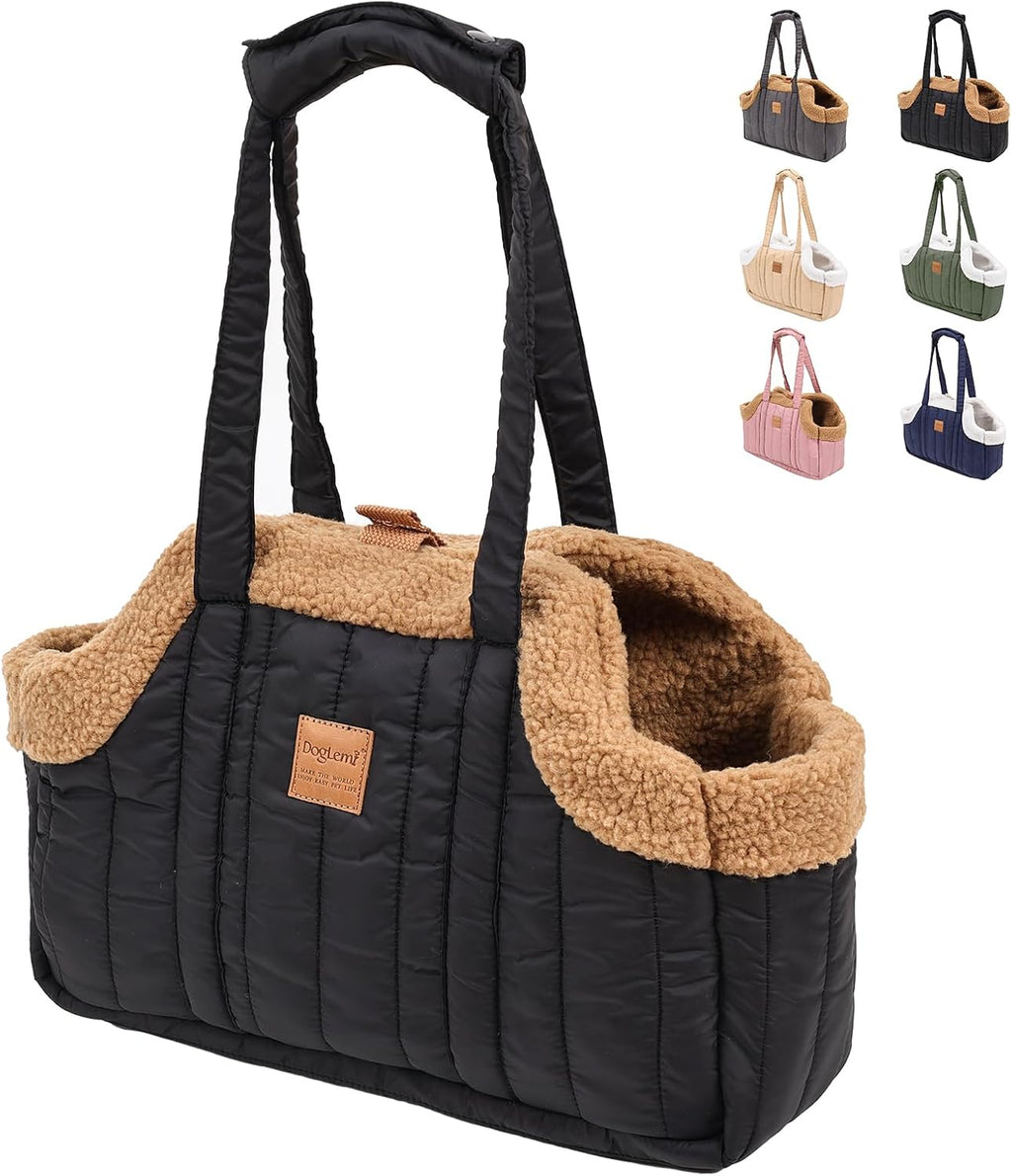 ETIAL Small Dog Carrier Purse, Winter Fleece Warm Dog Tote Bag Carrier with Secure Harness Clip for Puppy Kitten, Waterproof Pet Travel Handbag for Shopping, Hiking and Walking (Black) - Image 1