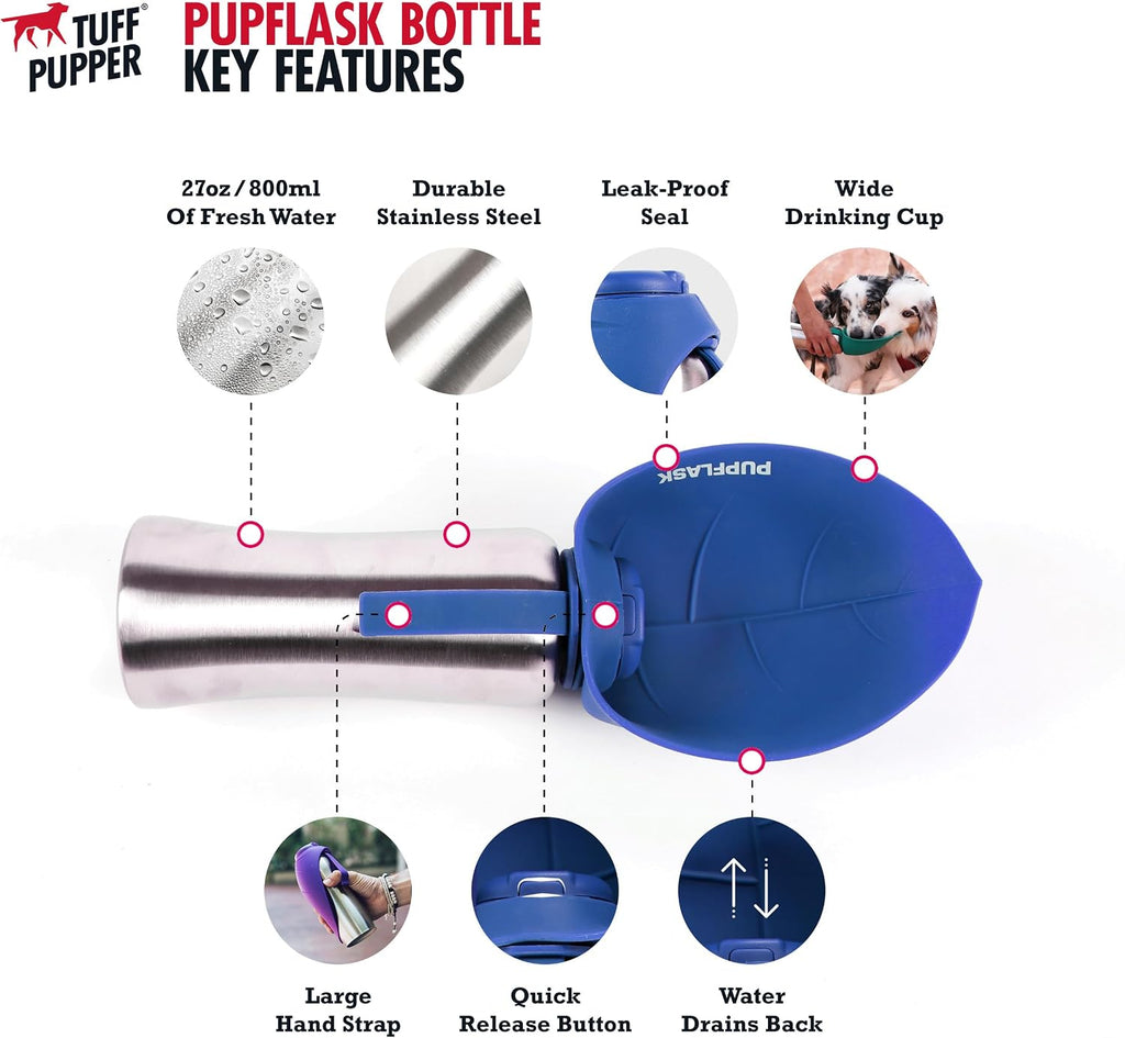 Durable stainless steel puppy water flask with backpack clip attached