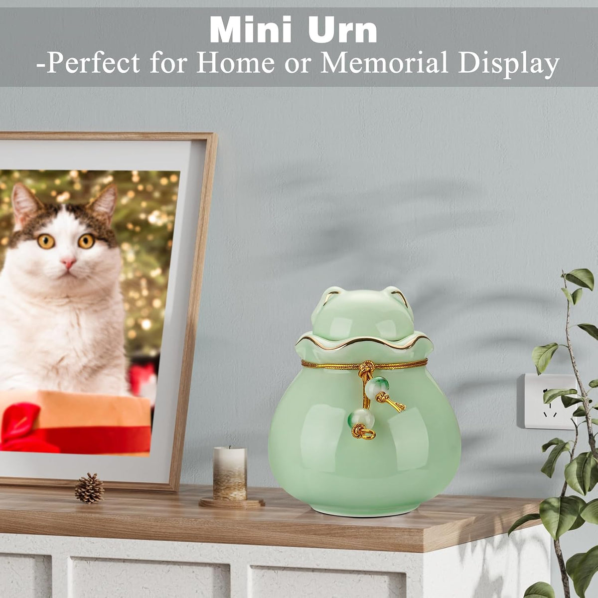 SOITIS ceramic dog and cat ashes keepsake placed on a living room shelf display