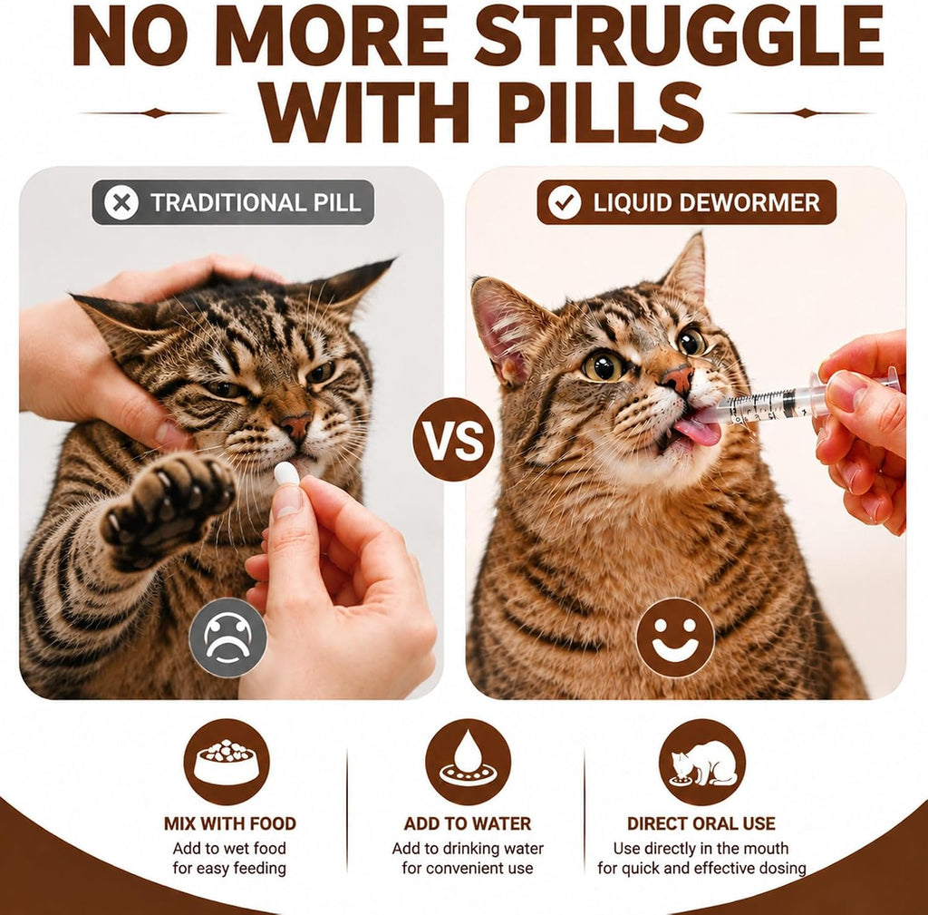 Feline internal parasite medicine liquid showing praziquantel and pyrantel pamoate active ingredients.