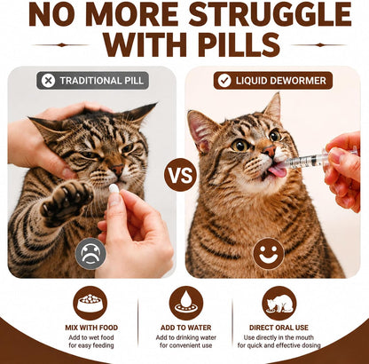 Feline internal parasite medicine liquid showing praziquantel and pyrantel pamoate active ingredients.