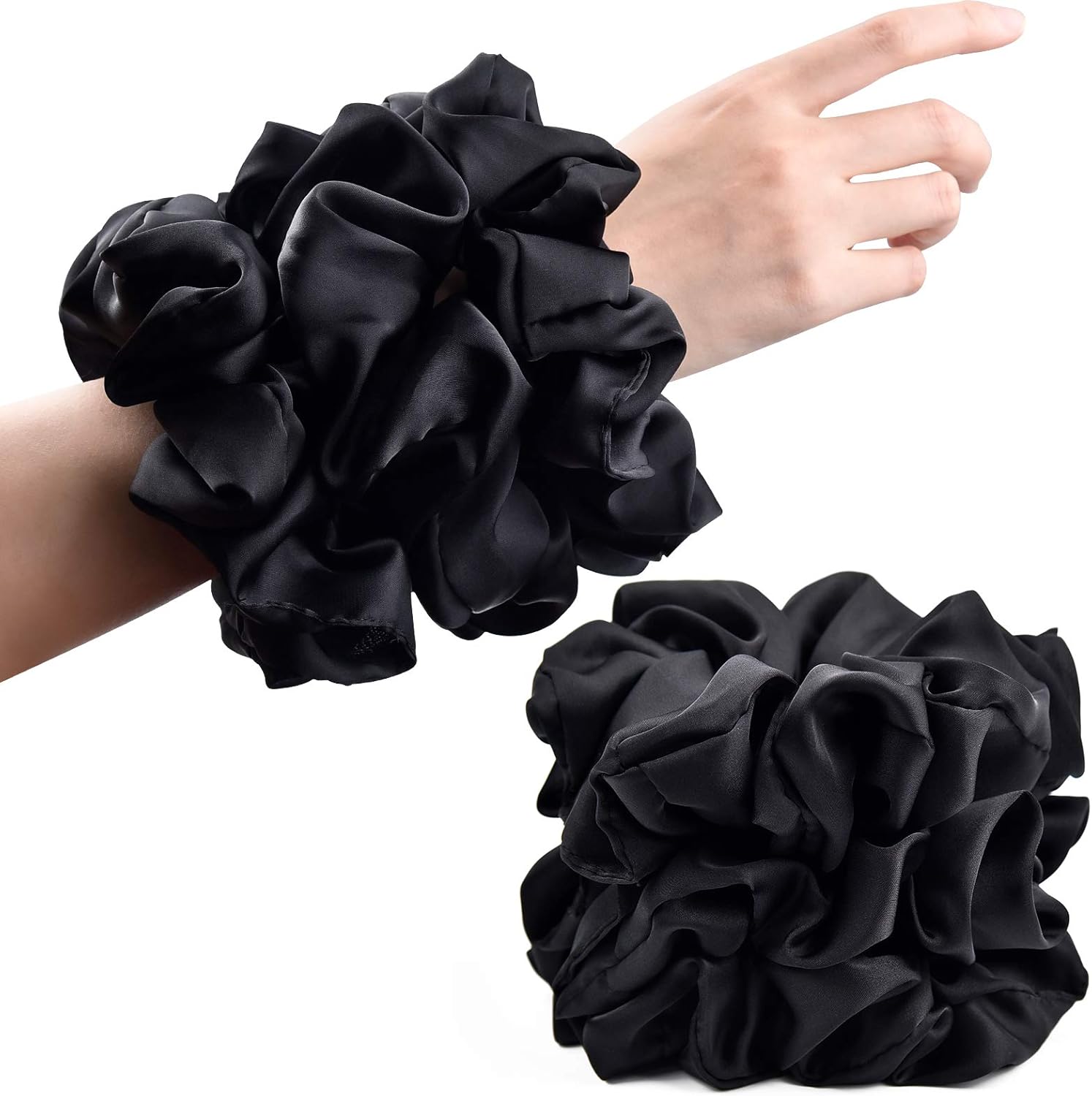 CEELGON black satin jumbo scrunchies front view on white background