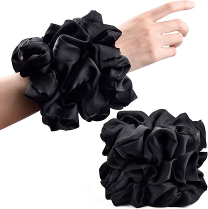 CEELGON black satin jumbo scrunchies front view on white background