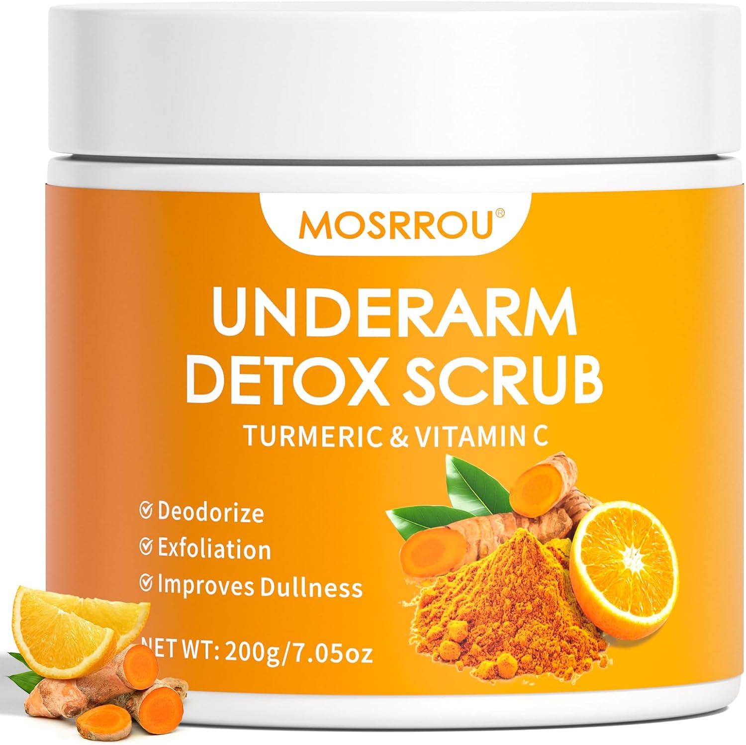 Mosrrou underarm detox scrub with turmeric and vitamin c front view packaging jar