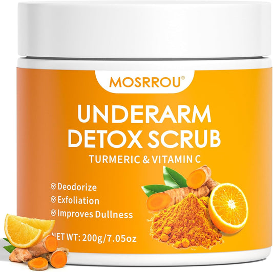 Mosrrou underarm detox scrub with turmeric and vitamin c front view packaging jar