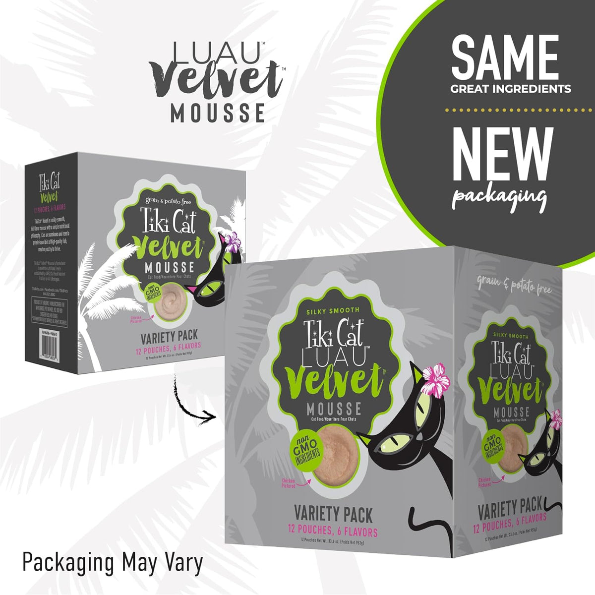 Tiki Pets cat food product packaging box showing flavor varieties