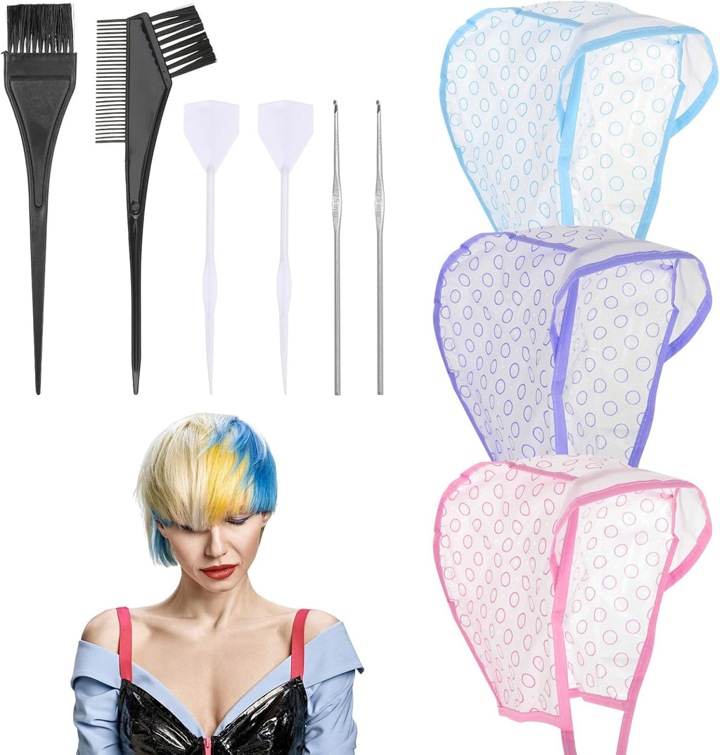 Jjunw 3 Pcs Hair Highlighting Caps kit with hooks and brushes front view