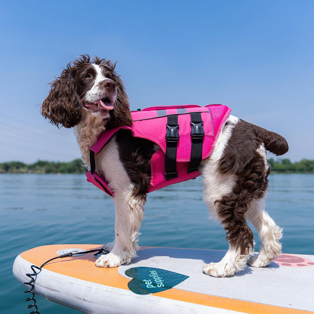 Kuoser bright orange pet life jacket back handle close up view