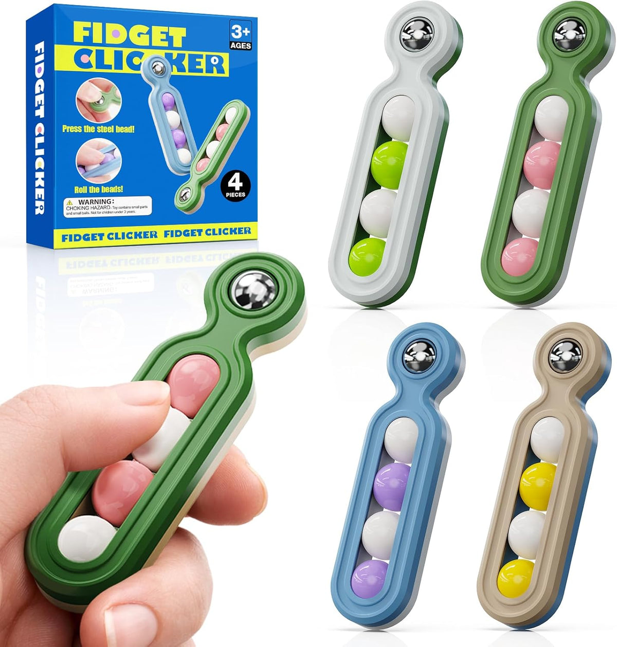 SMALL FISH Fidget Clicker Toys four pack front view showing gray green blue and beige anxiety relief tools