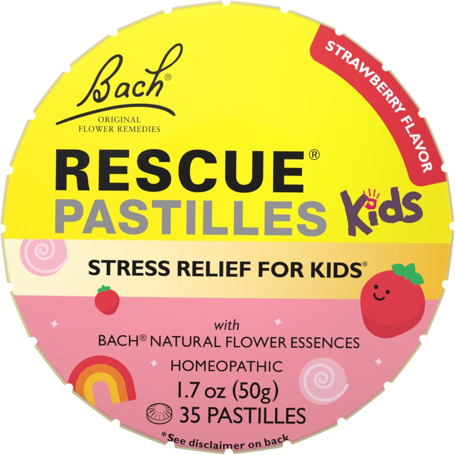 RESCUE Kids Pastilles strawberry flavor front tin view for homeopathic stress relief.