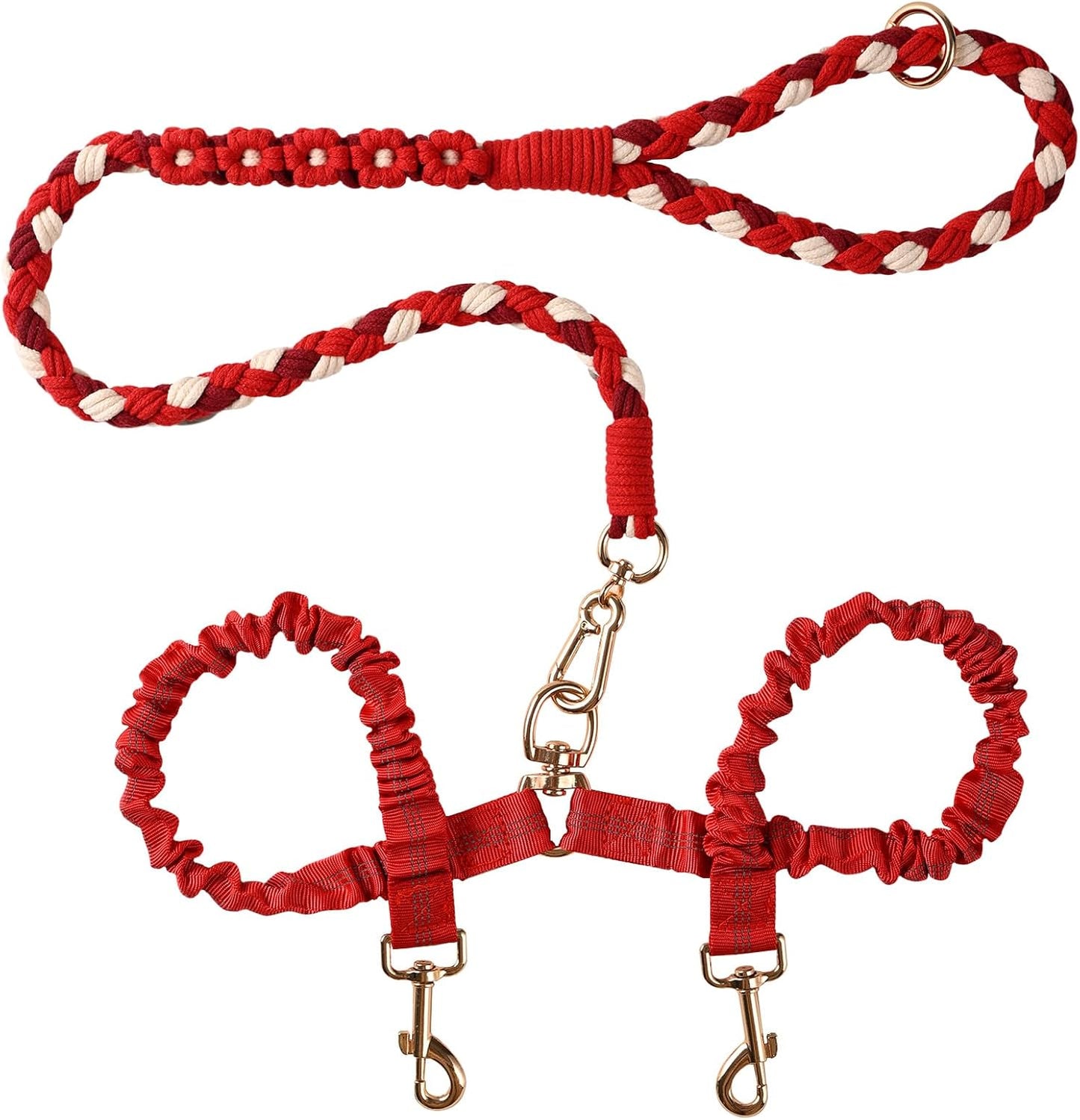Double Dog Leash - Tangle-Free Dual Leash with 360 degrees Swivel, Shock Absorbing Bungee, Reflective Stitching & Hand-Braided Main Rope (Supports Up to 440 lbs, Pink) - Image 11