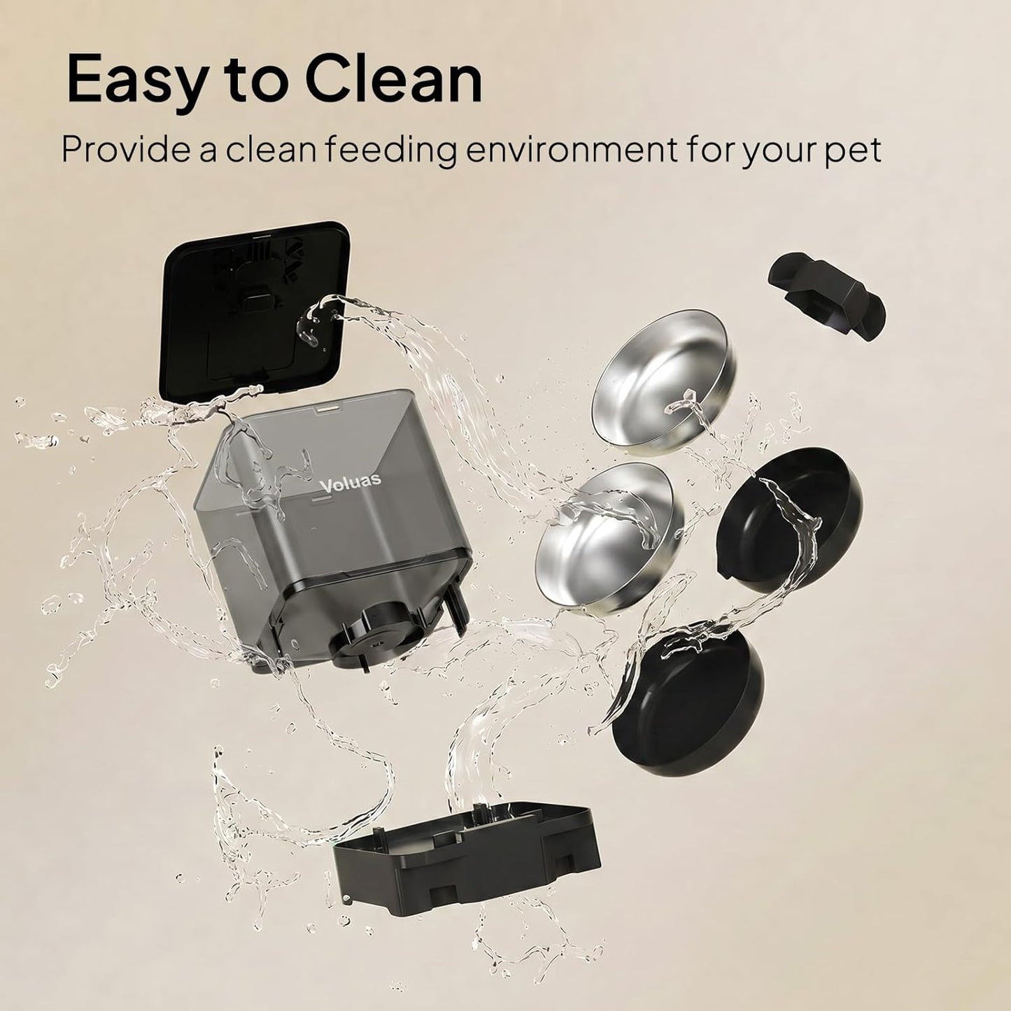 Voluas automatic multi pet feeder displaying even distribution of dry kibble into two bowls