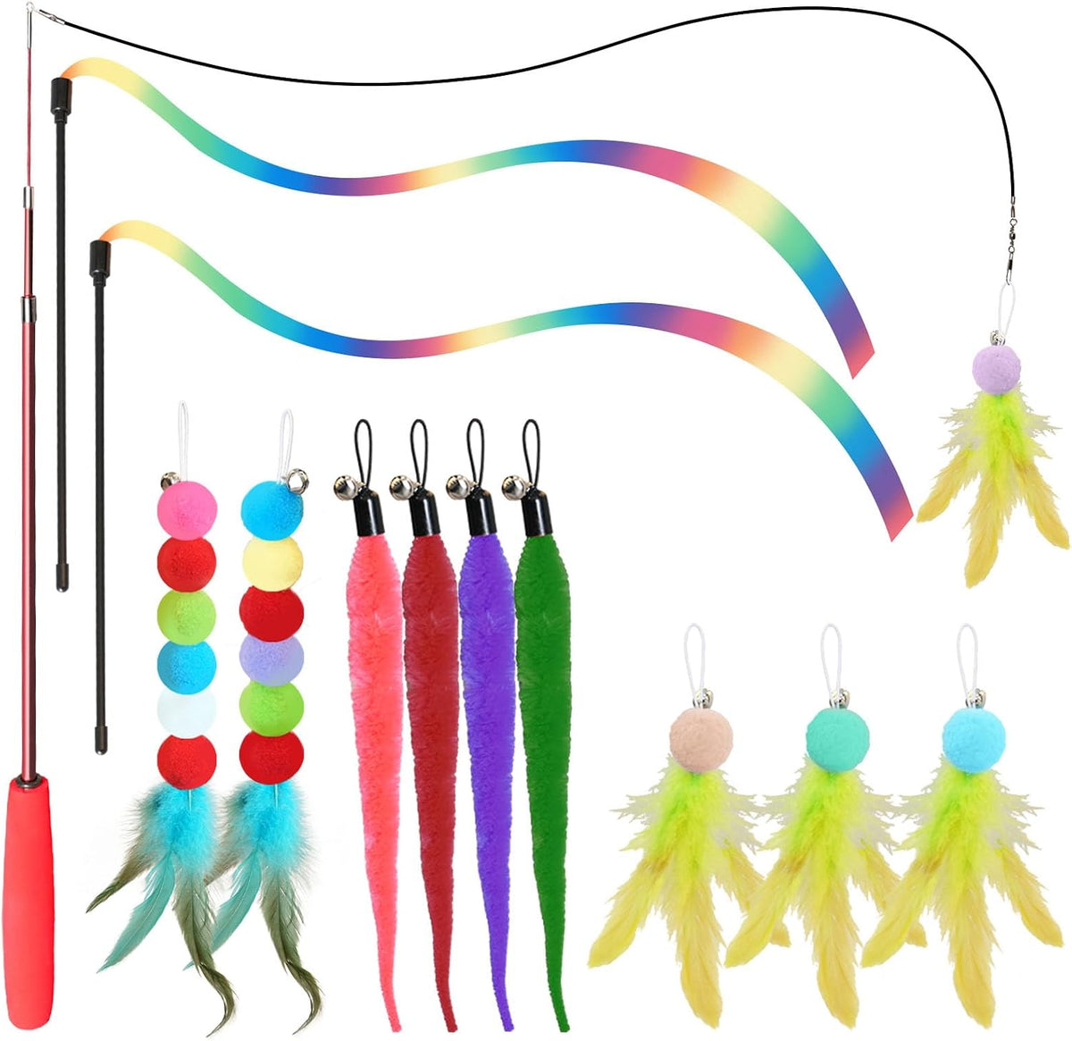 YULOYI interactive cat wand toy set front view showing 13 pieces of feather refills and plush worms