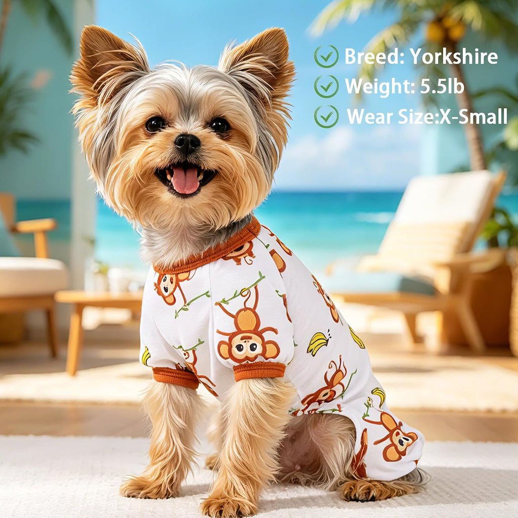Close-up of the breathable fabric and elastic trim on the monkey print dog jumpsuit.